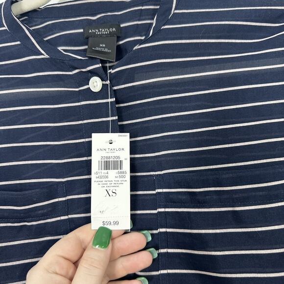 NEW Ann Taylor Womens XS Navy Oversized Silk Blend Striped Sheer Popover Blouse - Picture 4 of 5